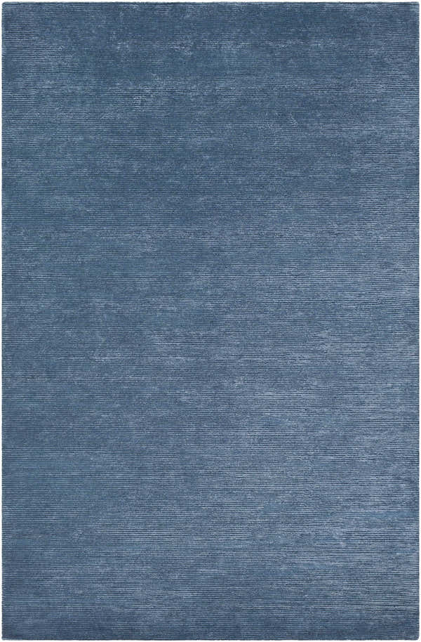 Close-up of the blue Kendall Carpet. Hand-knotted rug made of wool and viscose with a subtle horizontal stripe pattern. Design-Rectangle-576