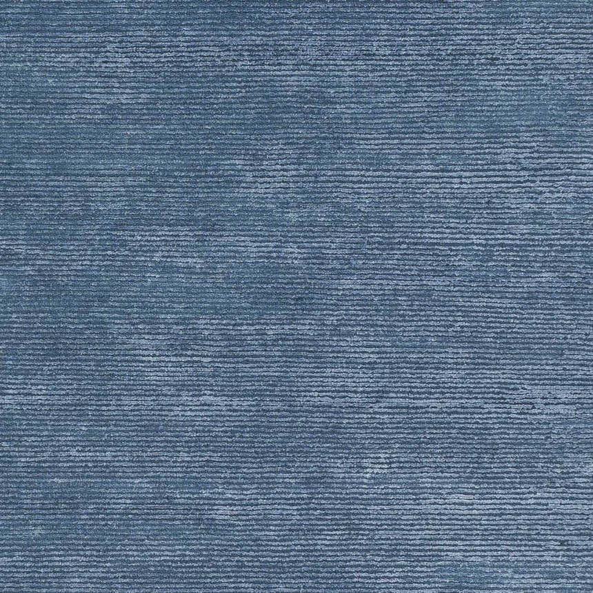 Close-up of the blue Kendall Carpet showing a subtle, textured horizontal stripe pattern. Hand-knotted wool and viscose rug. Swatch