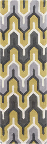 Close-up of the hand-tufted Knighton Area Rug. Geometric pattern in charcoal, mustard, slate blue, and white. Design-Runner-268