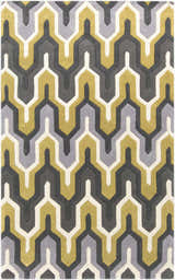 Close-up of the Knighton Area Rug: charcoal, mustard, slate blue, and white geometric pattern. Hand-tufted texture. Design-Rectangle-58