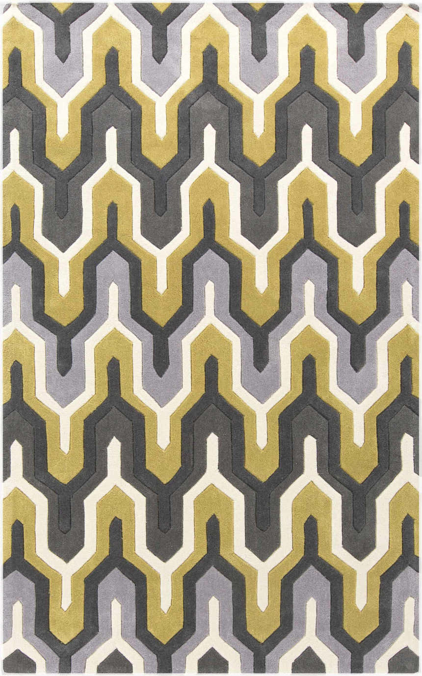 Close-up of the Knighton Area Rug: charcoal, mustard, slate blue, and white geometric pattern. Hand-tufted texture. Design-Rectangle-58