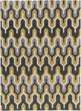Close-up of the Knighton Area Rug: charcoal, mustard, slate blue, and white geometric pattern. Hand-tufted texture. Design-Rectangle-811