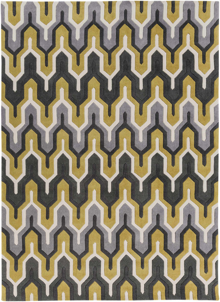 Close-up of the Knighton Area Rug: charcoal, mustard, slate blue, and white geometric pattern. Hand-tufted texture. Design-Rectangle-811