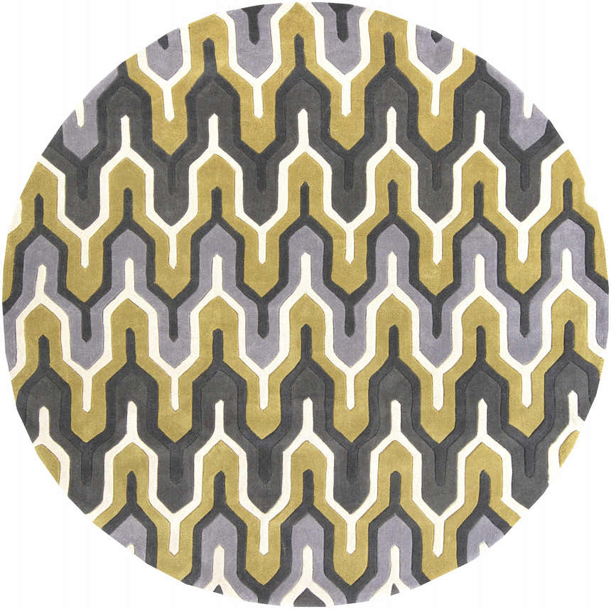 Close-up of the round Knighton Area Rug. Features a geometric pattern in charcoal, mustard, slate blue, and white. Design-Round-8