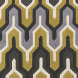 Close-up of the hand-tufted Knighton Area Rug. Geometric pattern in charcoal, mustard, slate blue, and white. Swatch