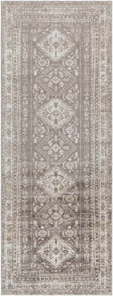 Close-up of the Kingscourt Washable Area Rug. Traditional oriental pattern in cream, taupe, gray, and dark brown tones. Design-Runner-2773