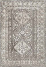 Close-up of the Kingscourt Washable Area Rug. Traditional oriental design in cream, dark brown, gray, light beige, and taupe. Design-Rectangle-537