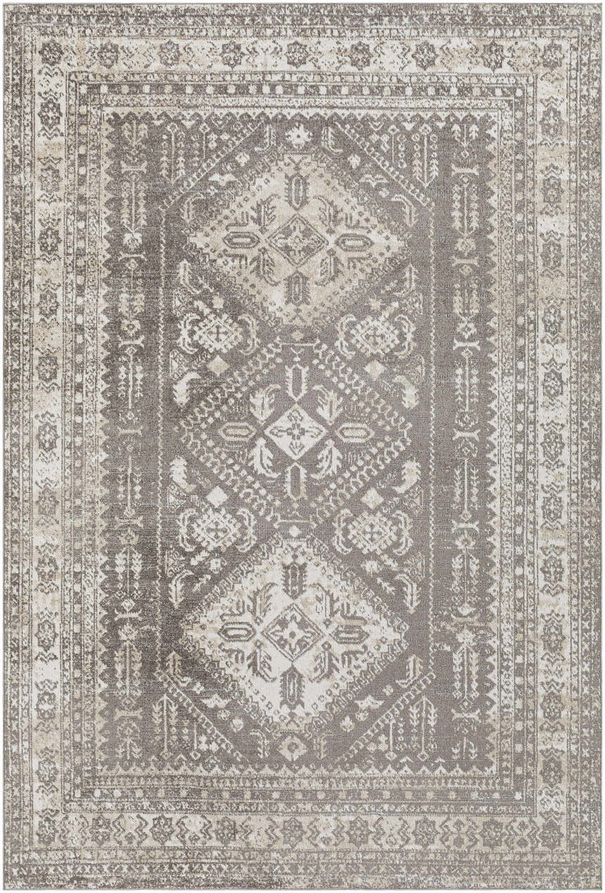 Close-up of the Kingscourt Washable Area Rug. Traditional oriental design in cream, dark brown, gray, light beige, and taupe. Design-Rectangle-537