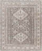 Close-up of the Kingscourt Washable Area Rug. Traditional oriental rug design in cream, taupe, gray, and brown tones. Design-Rectangle-71010
