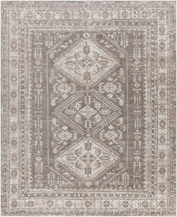 Close-up of the Kingscourt Washable Area Rug. Traditional oriental rug design in cream, taupe, gray, and brown tones. Design-Rectangle-71010