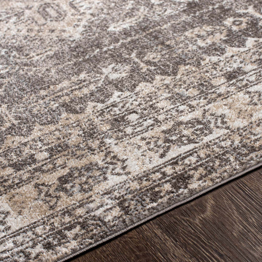 Close-up of the Kingscourt Washable Area Rug. Cream, dark brown, and beige tones in a traditional, distressed pattern. Texture