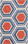 Close-up of Kingsport Area Carpet. Burnt orange hexagons with dark blue and light beige geometric pattern. Hand woven wool rug. Design-Rectangle-23