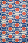 Close-up of Kingsport Area Carpet. Burnt orange hexagons outlined in dark blue on a light beige background. Hand woven wool rug. Design-Rectangle-58