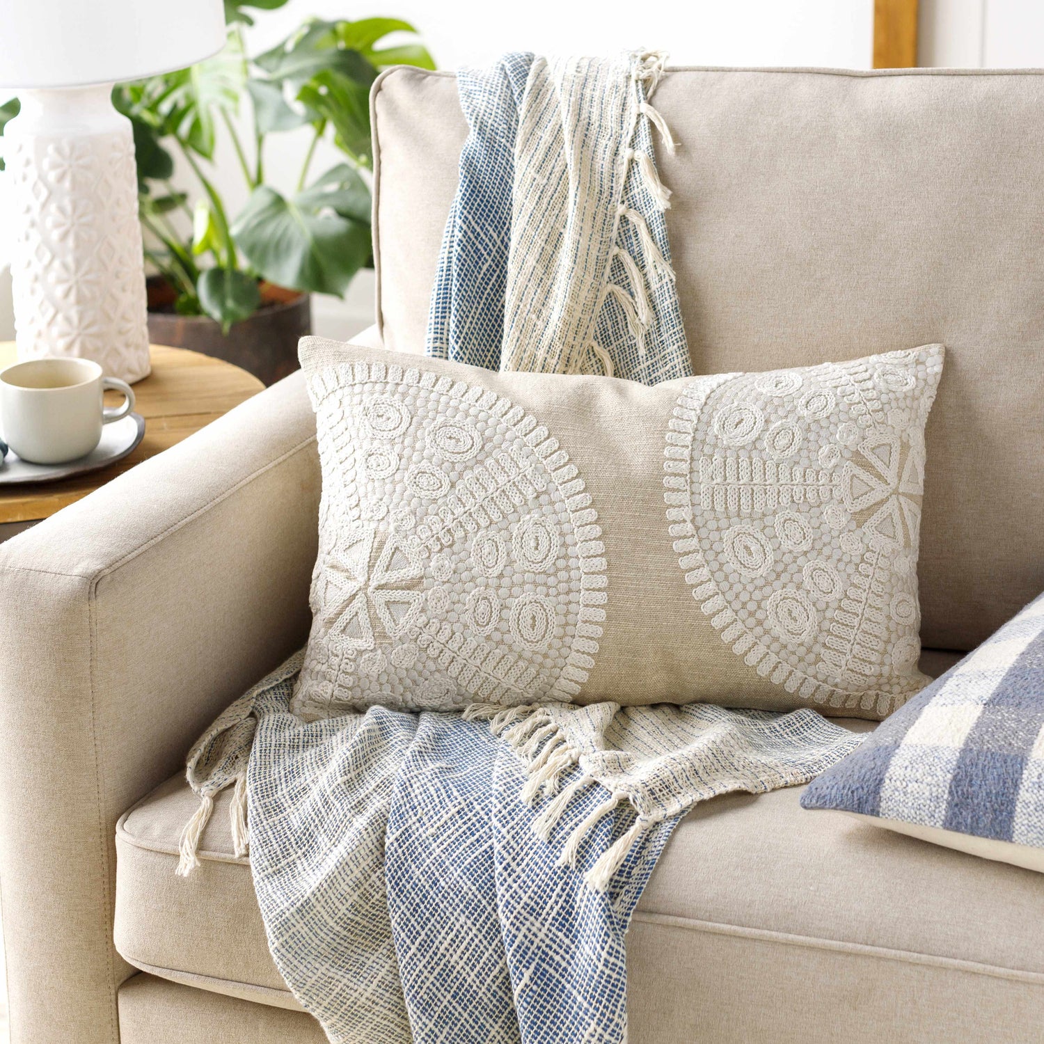 Kinango Beige Embroidered Accent Pillow - Clearance
