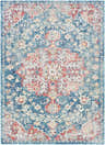 Detailed view of the Knowsley Area Rug with a traditional design in blue, red, saffron, and off-white hues. Design-Rectangle-5373