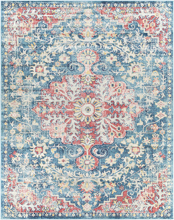 Detailed view of the Knowsley Area Rug, a machine-woven rug with blue, red, and saffron traditional patterns. Design-Rectangle-71010