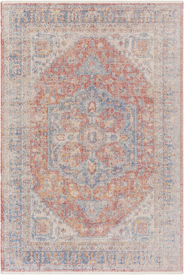 Close-up of the Tusa Light Pink Area Rug featuring a traditional oriental pattern in red, blue, and ivory. Design-Rectangle-537