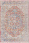 Close-up of the Tusa Light Pink Area Rug featuring a traditional oriental pattern in red, blue, and ivory. Design-Rectangle-537