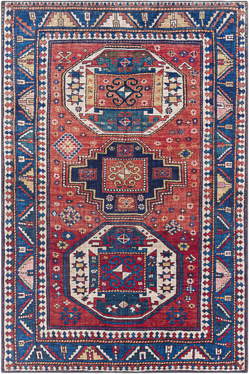 Detailed Kodiak Red&Blue Oriental Area Rug with geometric patterns in burnt orange, navy, and lambswool. Traditional style. Design-Rectangle-576