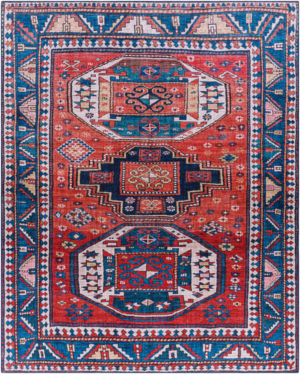 Detailed close-up of the Kodiak Red&Blue Oriental Area Rug, featuring traditional geometric patterns and rich colors. Design-Rectangle-7696