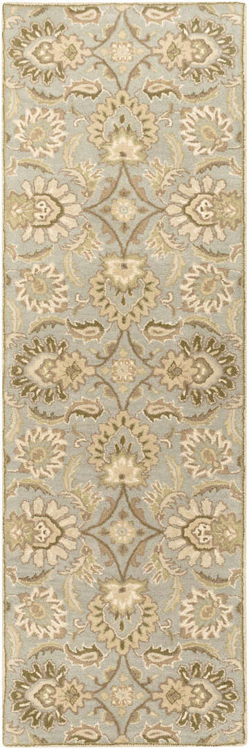 Close-up of the Chesterton Hand Tufted Ivory 1111 Area Rug. Features a traditional floral pattern in ivory, sage, and light brown hues. Design-Runner-268