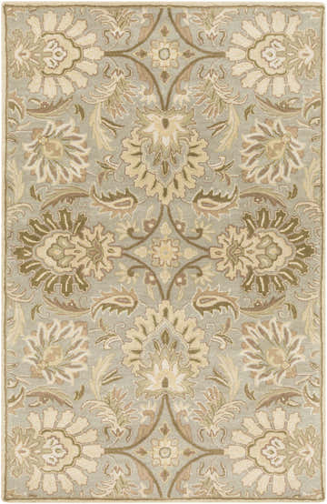 Close up of the Chesterton Ivory Area Rug featuring a traditional floral pattern in ivory, sage, and light brown. Design-Rectangle-58