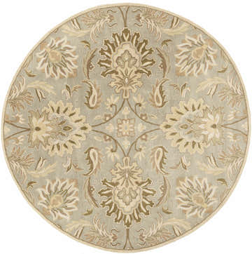 Close-up of the round Chesterton Area Rug. Hand-tufted wool rug in ivory, sage, olive, and light brown floral pattern. Design-Round-8