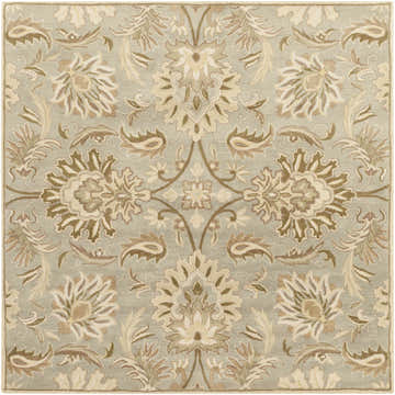 Close-up of the Chesterton Hand Tufted Ivory 1111 Area Rug. Floral pattern in ivory, light brown, olive, and sage on a soft gray wool texture. Design-Square-8