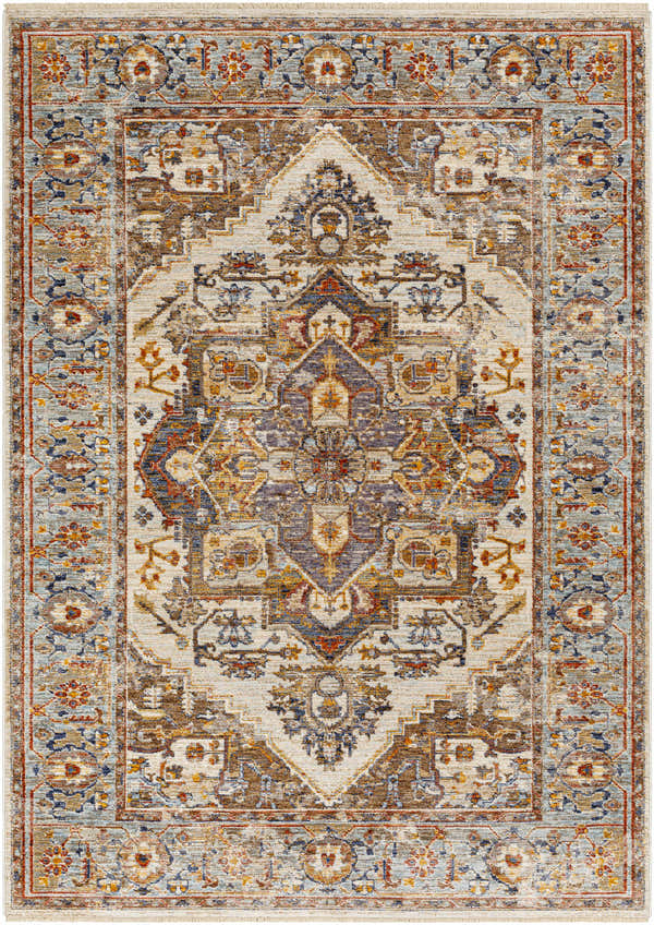 Detailed Kokstad Area Rug close-up. Traditional design with arctic stone, beige, brown, and taupe tones. Machine woven polyester texture. Design-Rectangle-57