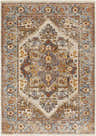 Detailed Kokstad Area Rug close-up. Traditional design with arctic stone, beige, brown, and taupe tones. Machine woven polyester texture. Design-Rectangle-57