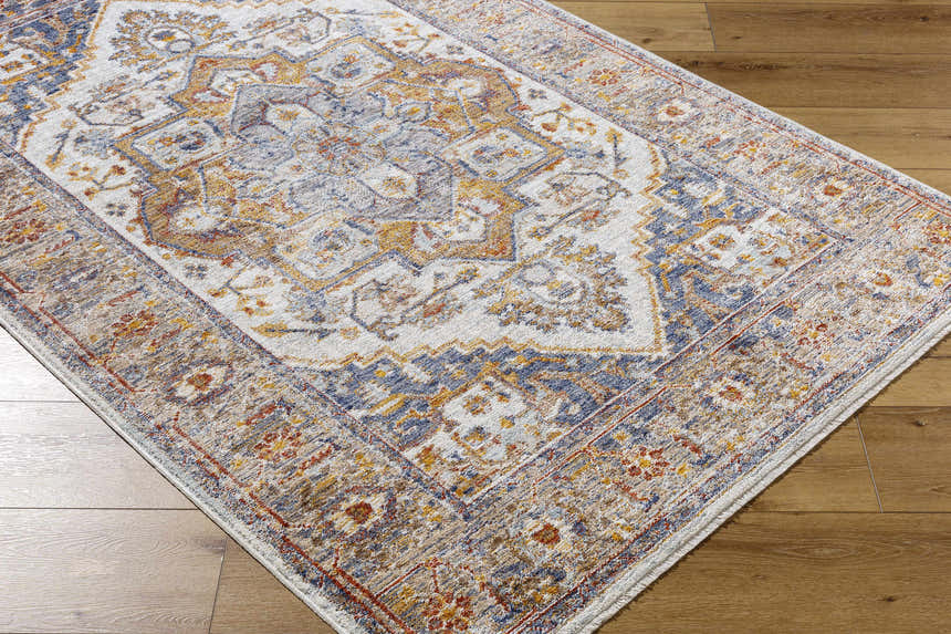 Close-up of the Kokstad Area Rug on wood floors. Features arctic stone, beige, brown, and blue oriental-inspired pattern. Corner