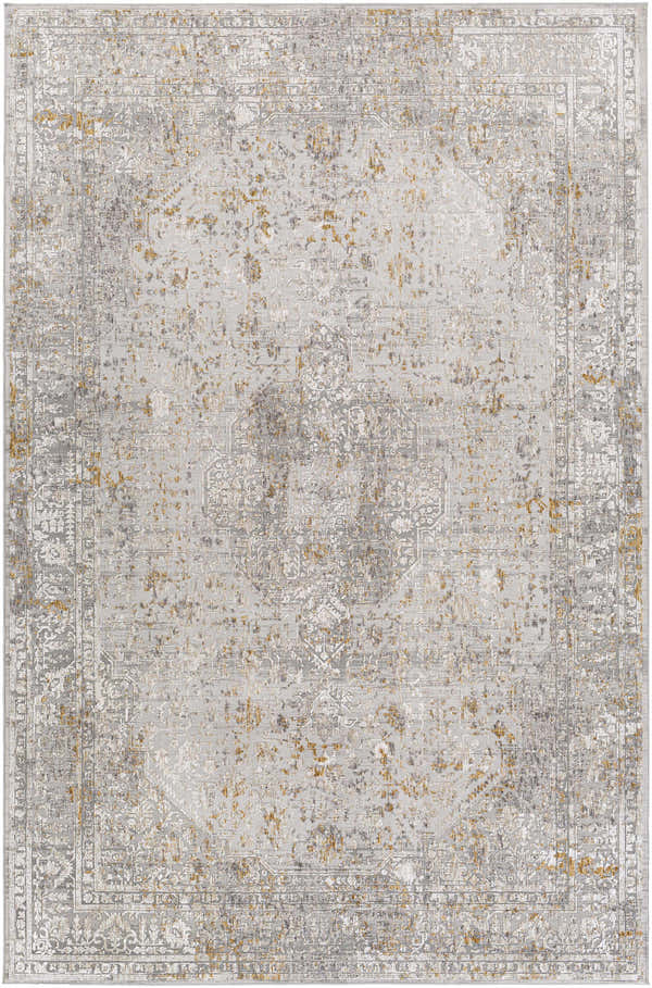 Close-up of Kolin Textured Luxe Area Rug featuring a traditional pattern in brown, light gray, mustard, off white, and taupe. Design-Rectangle-6796