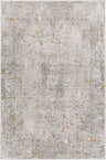 Close-up of Kolin Textured Luxe Area Rug featuring a traditional pattern in brown, light gray, mustard, off white, and taupe. Design-Rectangle-6796