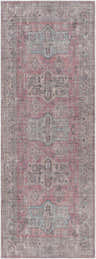 Close-up of the Konak Washable Area Rug. Traditional oriental design in aqua, charcoal, red, and taupe. Vintage style. Design-Runner-2773
