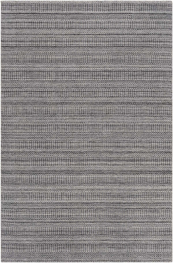 Close-up of the hand-loomed Koyulhisar Area Rug. Charcoal, cream, and gray recycled PET yarn with a contemporary design. Design-Rectangle-576
