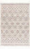 Close-up of the Kipp Area Rug. Hand-woven, recycled PET yarn rug in dark gray, off-white, and white thatch with a geometric pattern. Design-Rectangle-576