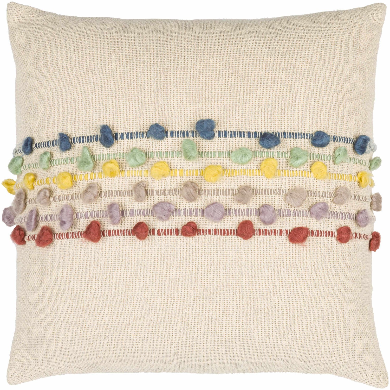 Pomira Light Beige Cottage Country Cotton Lumbar Pillow with Multicolor Pom Pom Tassels - Clearance