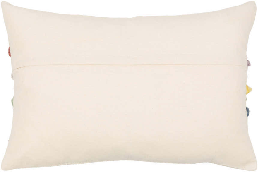 Pomira Light Beige Cottage Country Cotton Lumbar Pillow with Multicolor Pom Pom Tassels - Clearance