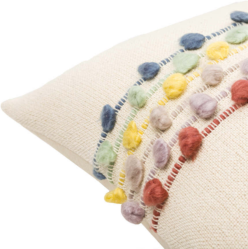 Pomira Light Beige Cottage Country Cotton Lumbar Pillow with Multicolor Pom Pom Tassels - Clearance