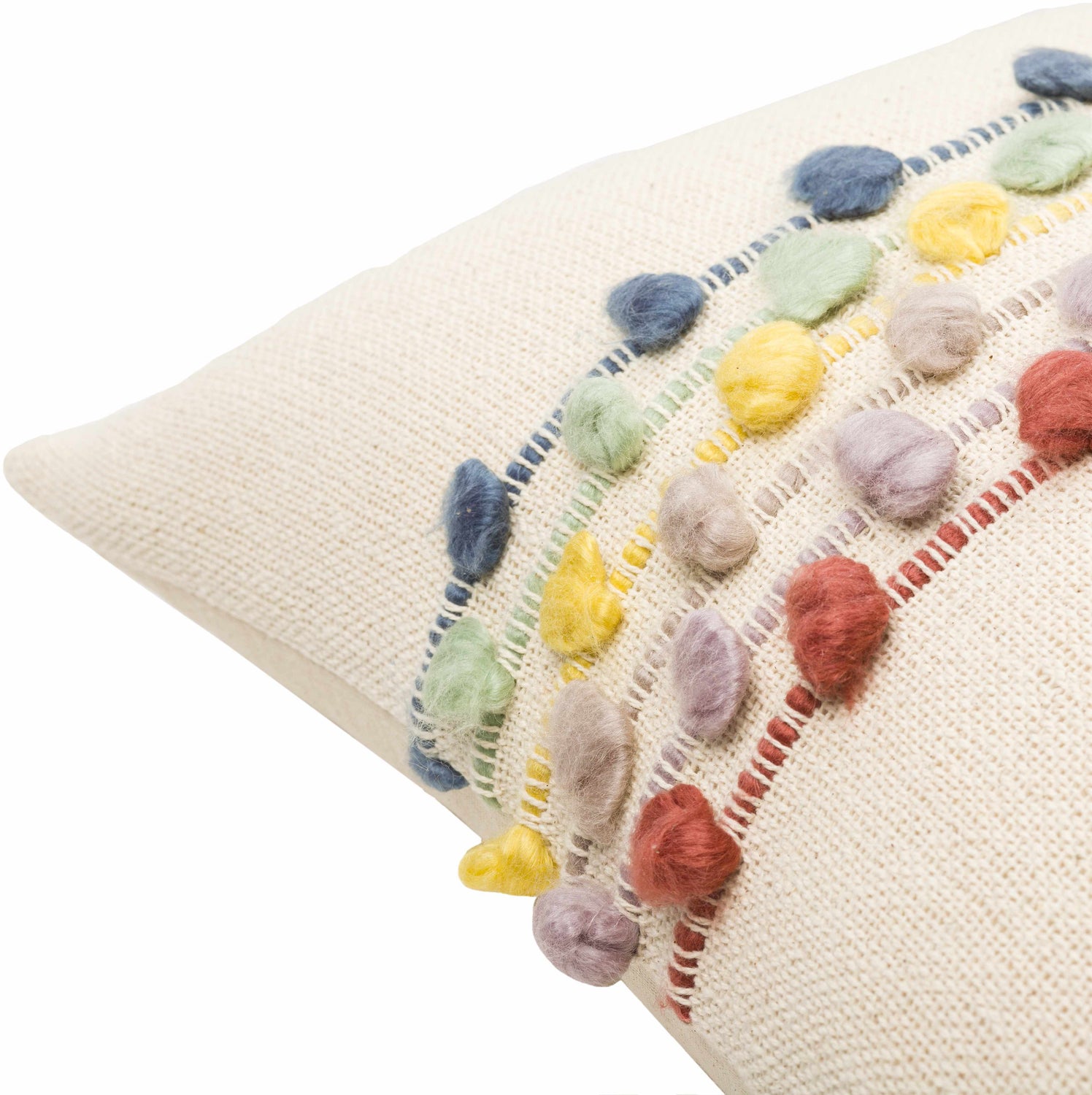 Pomira Light Beige Cottage Country Cotton Lumbar Pillow with Multicolor Pom Pom Tassels - Clearance