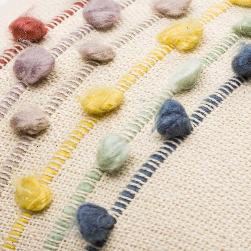 Pomira Light Beige Cottage Country Cotton Lumbar Pillow with Multicolor Pom Pom Tassels - Clearance