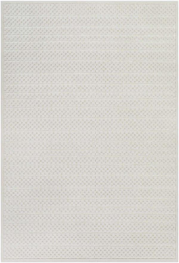 Close-up of the Kirkburton Beige Outdoor Rug. Contemporary style with a subtle geometric pattern and light beige color. Design-Rectangle-5373