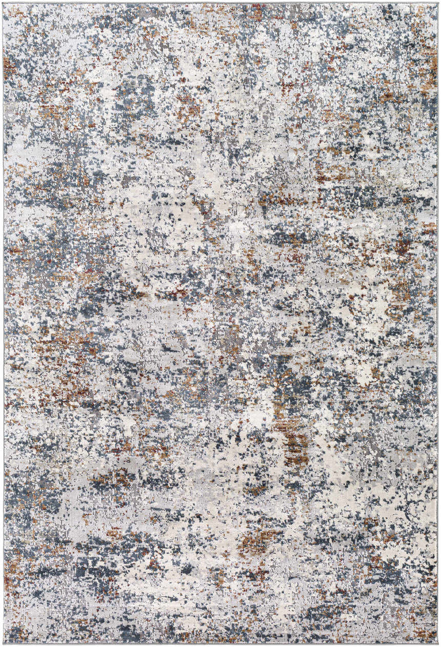 Close-up of the Kearny Area Rug: a contemporary, machine-woven rug in brick red, brown, charcoal, beige, and gray. Design-Rectangle-573