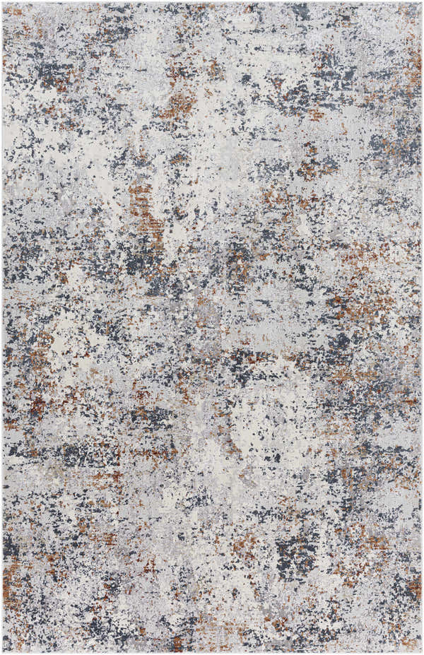 Close-up of the Kearny Area Rug with a distressed contemporary pattern in brick red, brown, charcoal, beige, and gray. Design-Rectangle-6796