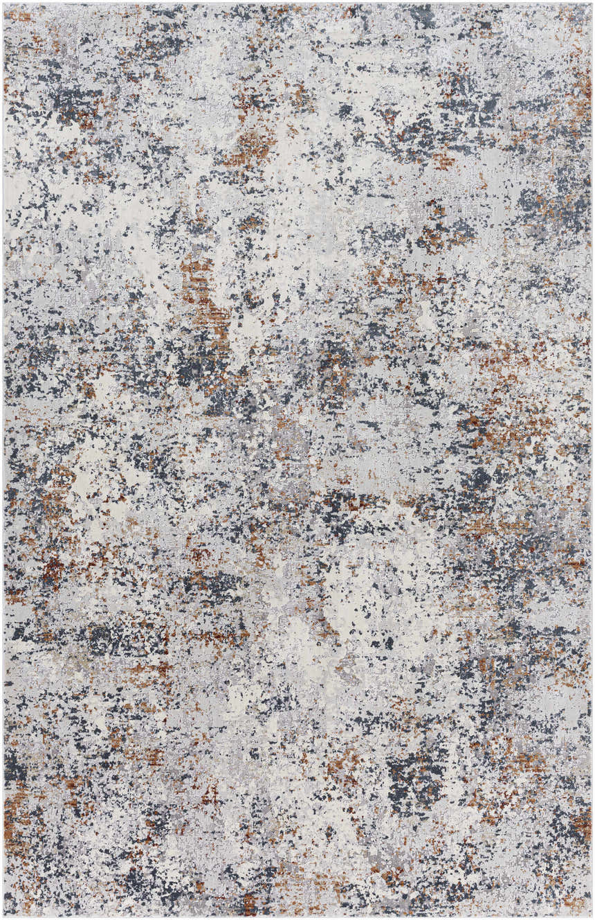 Close-up of the Kearny Area Rug with a distressed contemporary pattern in brick red, brown, charcoal, beige, and gray. Design-Rectangle-6796