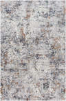 Close-up of the Kearny Area Rug with a distressed contemporary pattern in brick red, brown, charcoal, beige, and gray. Design-Rectangle-6796