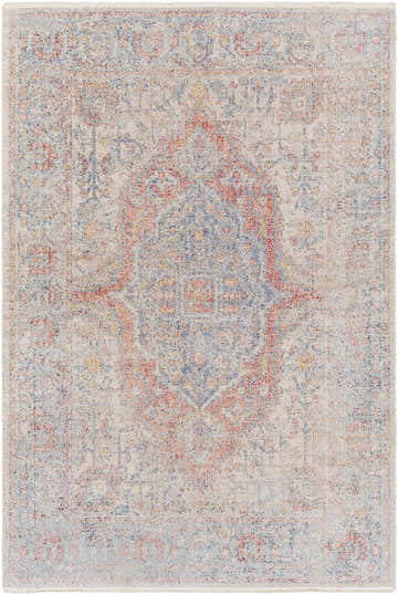 Close-up of the Kasa Area Rug: a vintage, oriental design in dark blue, ivory, red, and light blue hues. Design-Rectangle-537