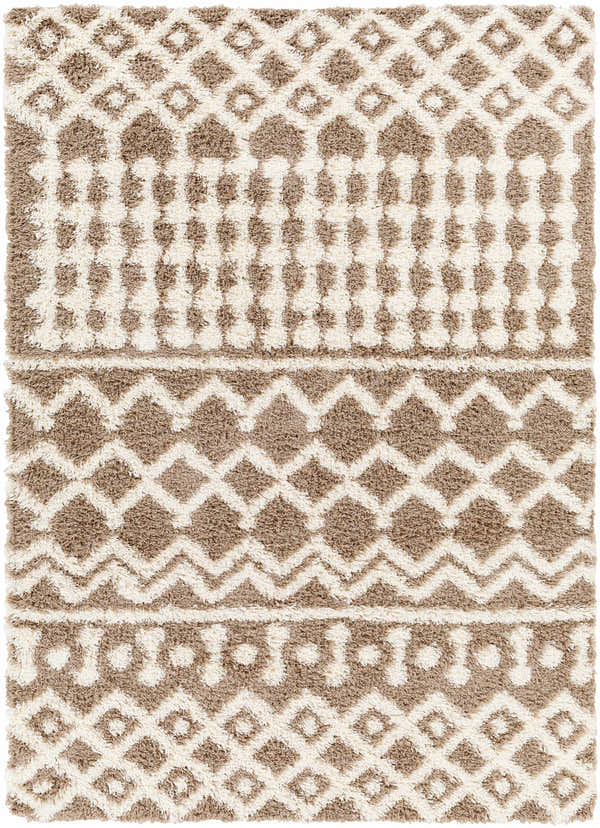 Close-up of Kato Shag Area Rug with bone and nutmeg geometric pattern. Soft, textured shag rug. Design-Rectangle-5373
