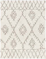 Close up of the Kunia Area Rug, a shag rug with a geometric diamond pattern in ivory and taupe. Design-Rectangle-710103