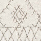 Close up of the Kunia Area Rug showing the ivory shag texture and charcoal geometric pattern. Swatch